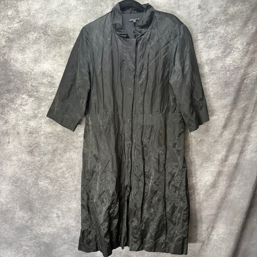 Eileen Fisher Black Metallic Crinkle Fabric Pleated Shirt Dress Size M